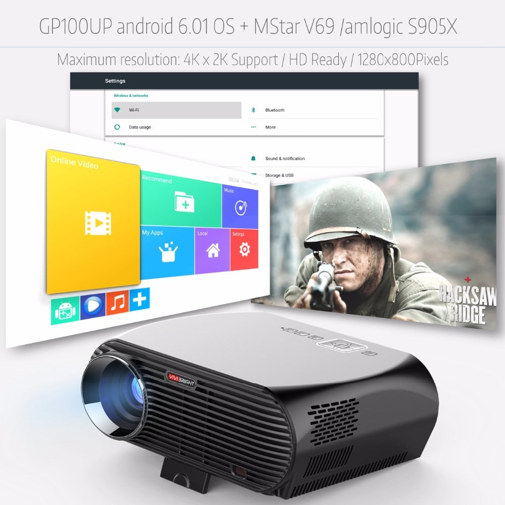 ViviBright GP100UP Smart Home Theater Projector Android6.01 3500 Lumens High Brightness LED WiFi Beamer 1280*800pixels black_European regulations